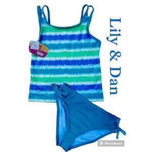 🎉HP🎉 NWT Lily & Dan SZ S Girls Green/Blue/White Tie-Dye 2 Piece Swimsuit